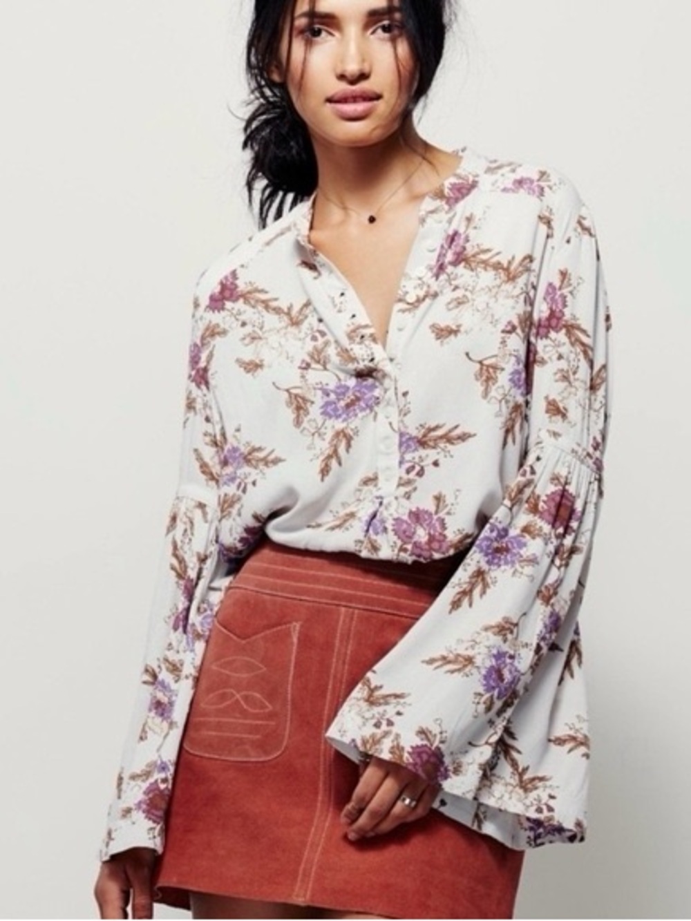 Free People Easy Girl Floral Bell Sleeve Tunic Top Cream Purple Size S